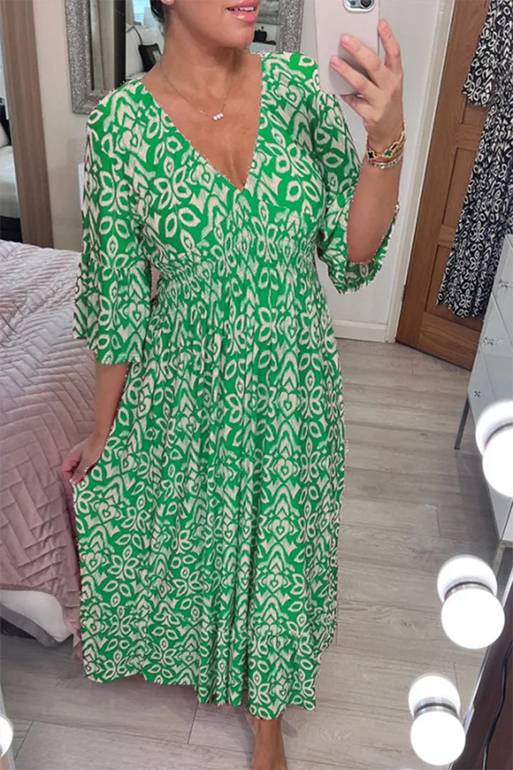 Damen Boho‑Maxikleid mit Smoktaillenband, Wickeloptik‑Dekolleté und Volantärmeln Drune