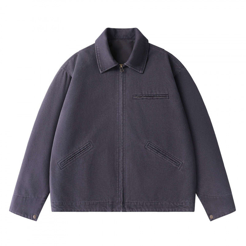 Unisex Kastenförmige Kurzjacke im Worker-Blouson-Stil mit Hemdkragen und verdecktem Reißverschluss Drune
