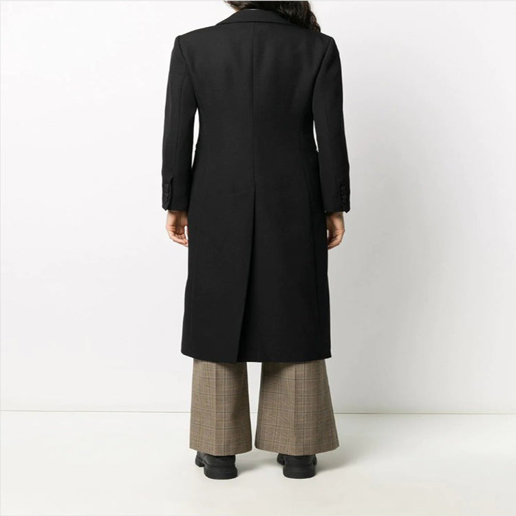 Damen Eleganter Einreihiger Longmantel im Smokingschnitt mit schmalem Revers und Satinbesatz Drune