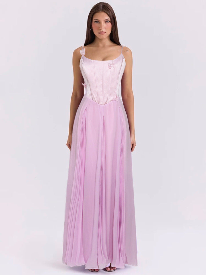 Damen nan figurbetontes Korsett-Maxikleid mit Schmetterlings-Trägern und plissiertem Chiffonrock Drune