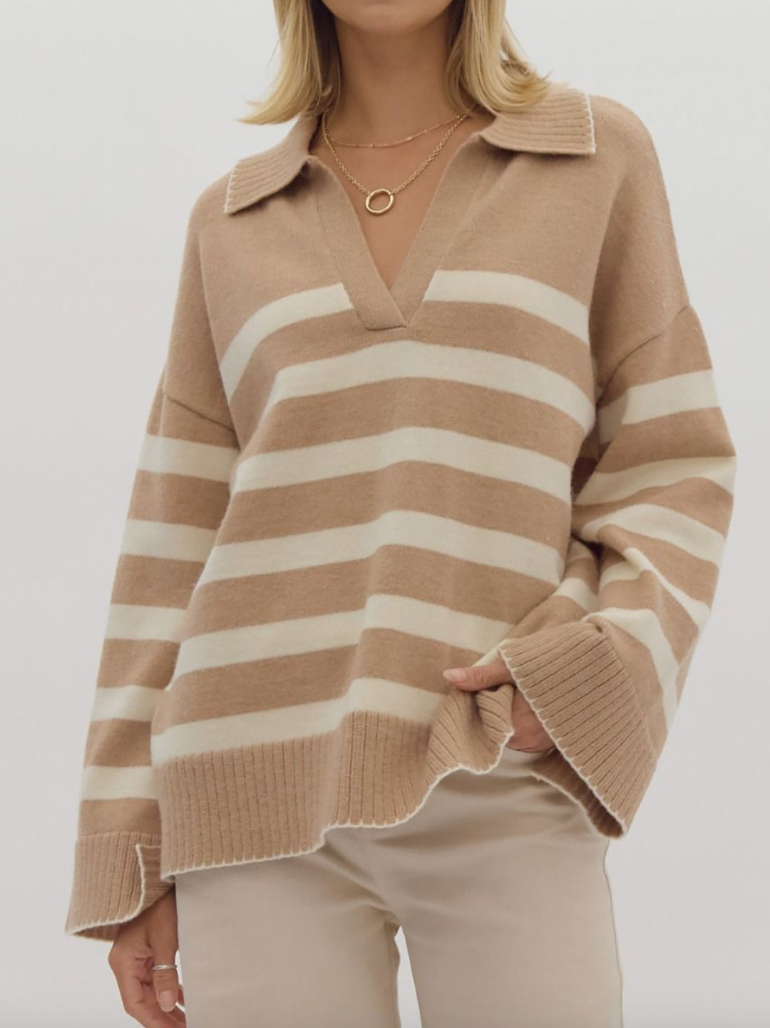 Damen kuschelige Strickpullover mit modernem Streifenmuster und V-Ausschnitt Drune