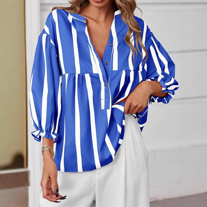 Damen oversize Bluse mit Streifenmuster und Knopfleiste Drune