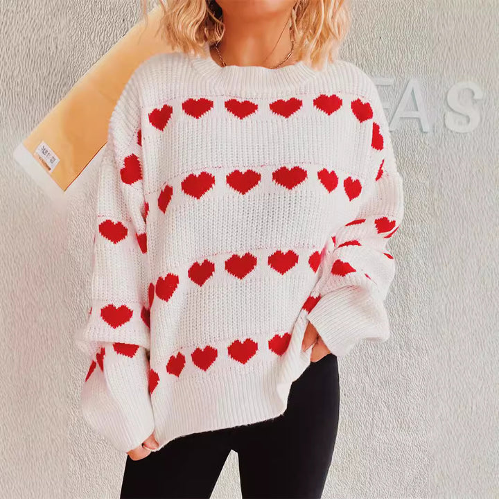 Damen gemütlicher Herzmuster-Strickpullover mit weiten Ärmeln Drune