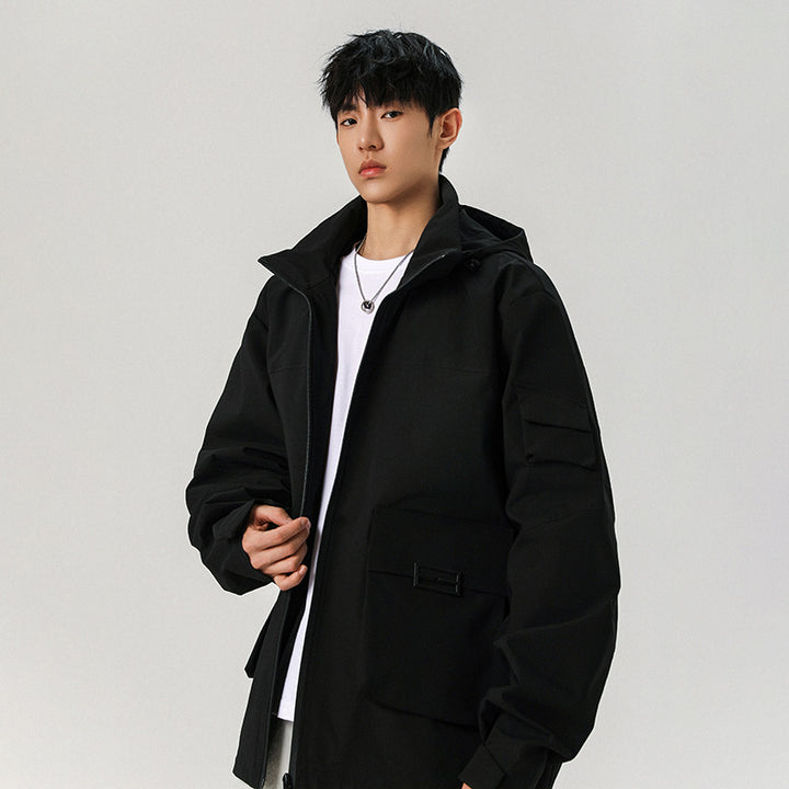 Herren Oversize Utility-Jacke mit technischer Softshell, Kapuze und Mehrfachtaschen Drune
