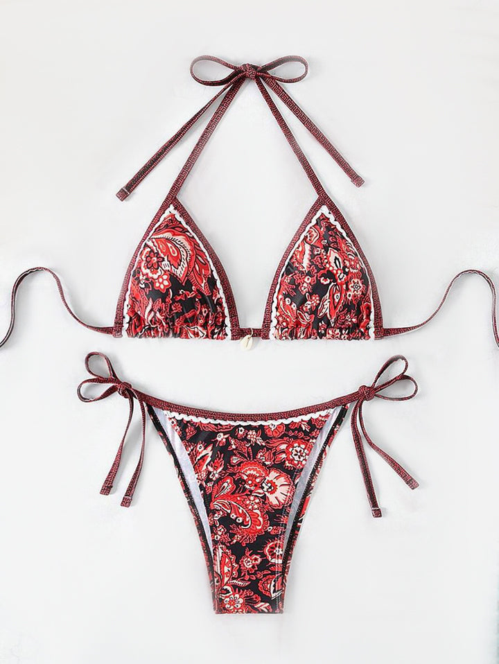 Damen Triangel-Bikini-Set mit verspieltem Blumenmuster und verstellbaren Bindebändern Drune