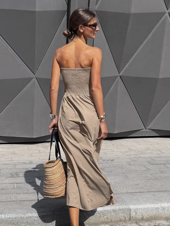 Damen Lange Boho-Strandkleid mit trägerlosem Design und raffiniertem Schnitt Drune