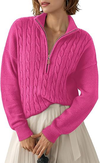 Damen Grobstrick Pullover mit Stehkragen und halbem Reißverschluss Drune