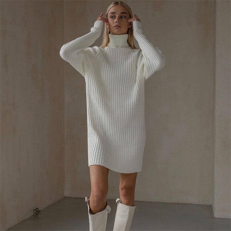 Damen Strickkleid mit hohem Kragen und großen Ärmeln Drune