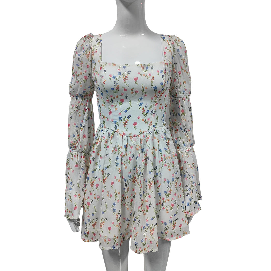 Damen Sommerliches Chiffon-Minikleid mit quadratischem Ausschnitt, Puffärmeln und taillierter Empire-Linie Drune