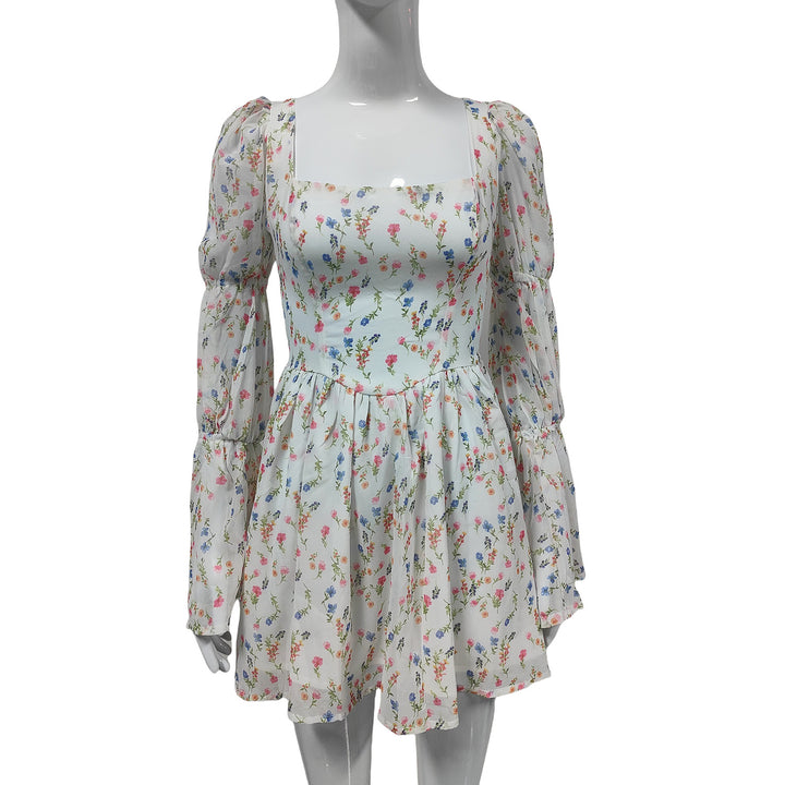 Damen Sommerliches Chiffon-Minikleid mit quadratischem Ausschnitt, Puffärmeln und taillierter Empire-Linie Drune