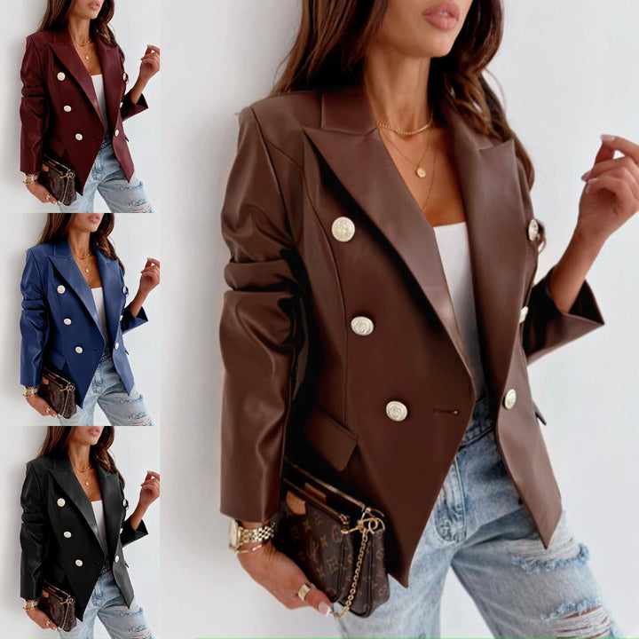 Damen eleganter Kunstleder Blazer mit doppelter Knopfleiste Drune