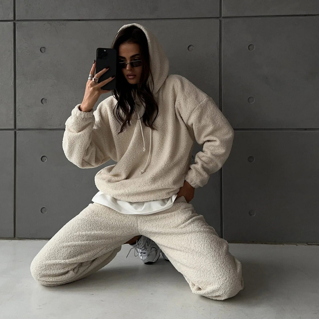 Damen Kuscheliges Sherpa-Loungewear-Set mit Oversized-Kapuzenpullover und weiten Bündchenhosen Drune