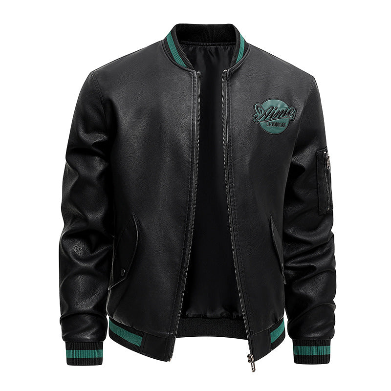 Men's  retro varsity leather-effect bomber jacket with embroidered chest badge and zip sleeve pocket Drune