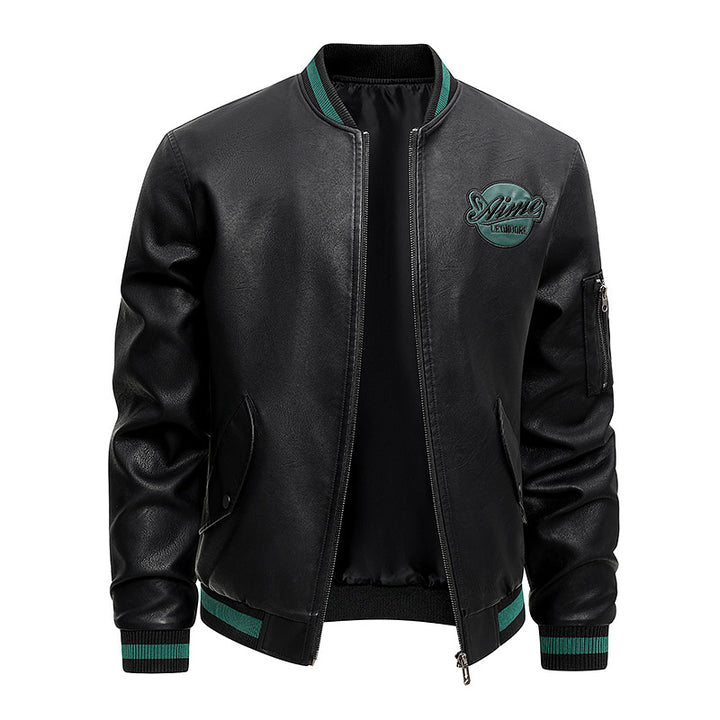 Men's  retro varsity leather-effect bomber jacket with embroidered chest badge and zip sleeve pocket Drune