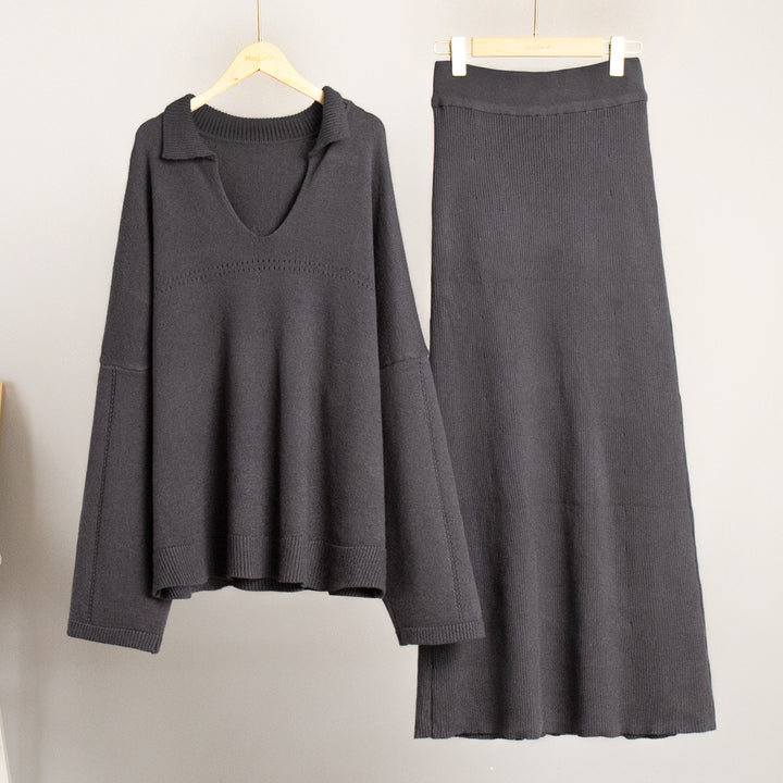 Damen Lässiger Pullover mit V-Ausschnitt und passendem Maxirock Drune