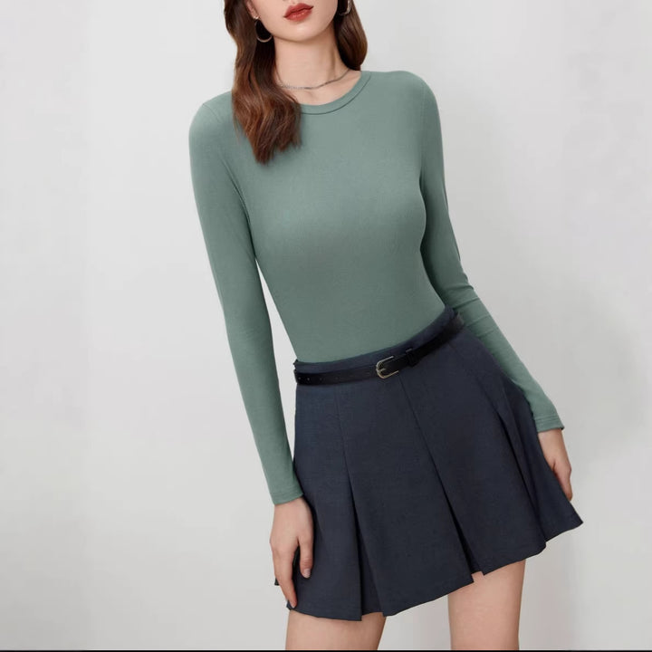 Damen Figurnahes geripptes Langarm-Basicshirt mit Rundhalsausschnitt und Stretch Drune