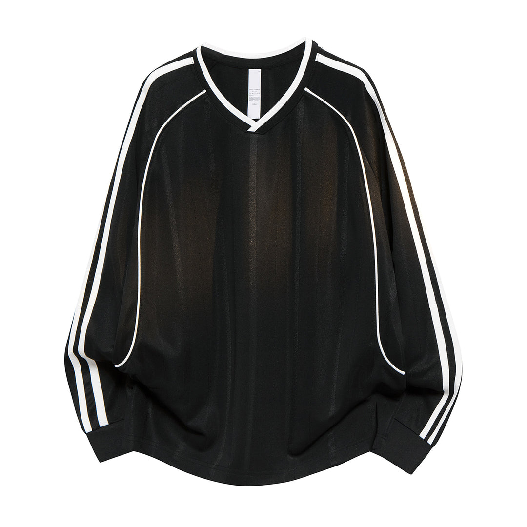 Damen Weites V-Ausschnitt Oversize-Sportshirt mit Raglanärmeln und Kontraststreifen Drune