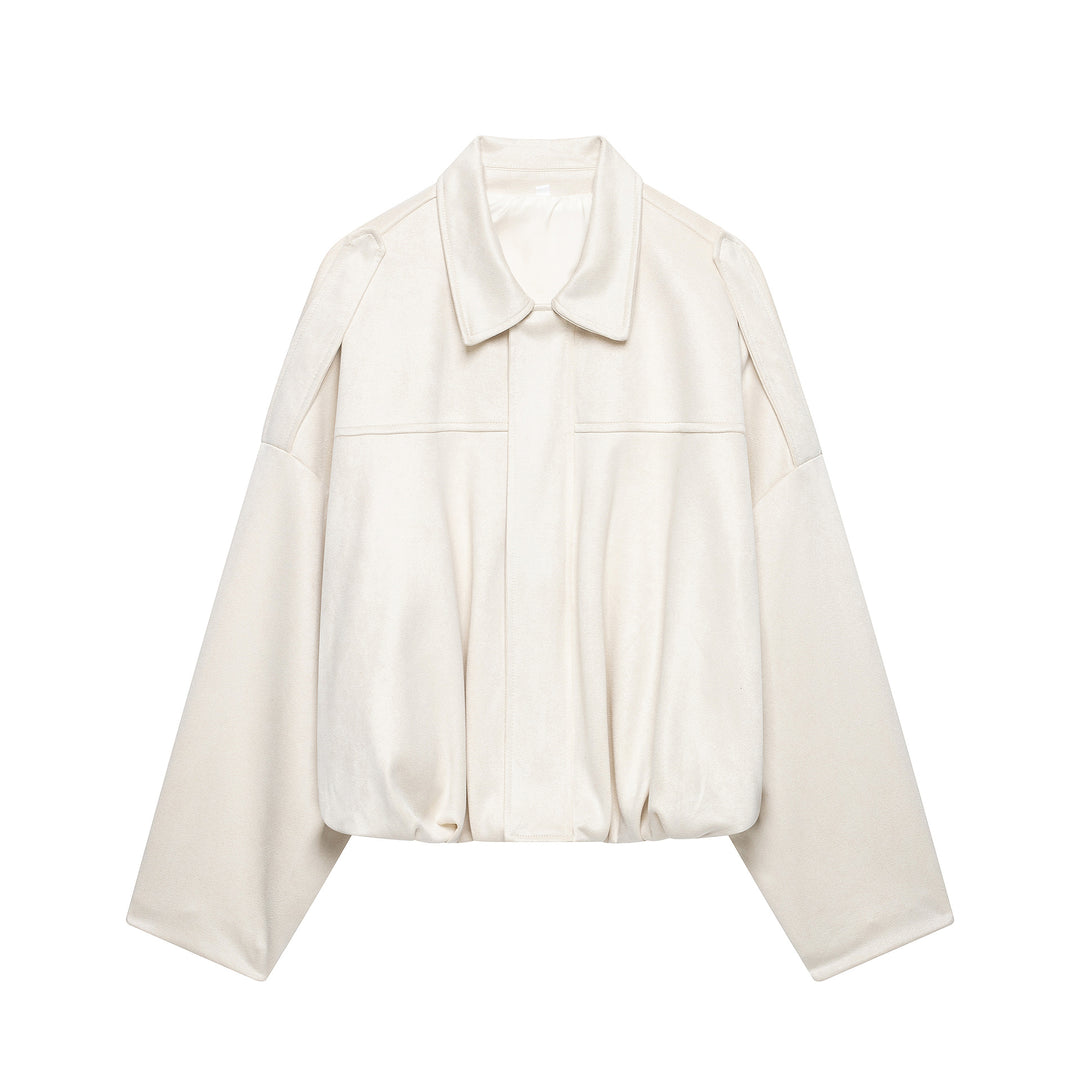 Damen Cropped-Boxy-Jacke aus Veloursoptik mit Hemdkragen, weiten Raglanärmeln und Tunnelzug Drune