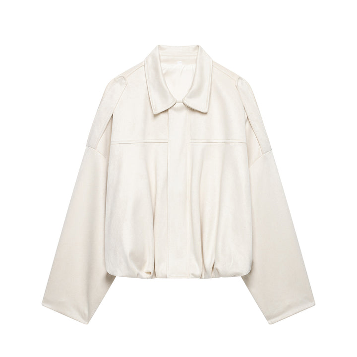 Damen Cropped-Boxy-Jacke aus Veloursoptik mit Hemdkragen, weiten Raglanärmeln und Tunnelzug Drune
