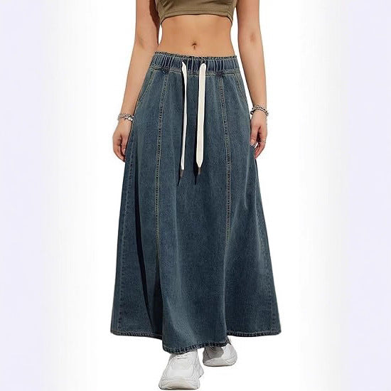 Damen Langer A-Linien Jeansrock mit elastischem Bund und Kordel Drune