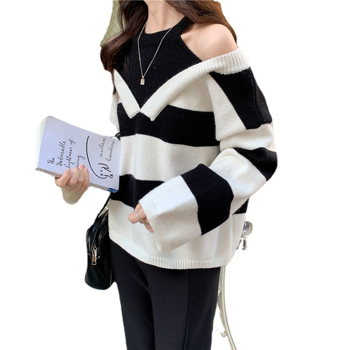 Damen Lässiger Pullover mit modernem Streifenmuster und Schulterfreischnitten Drune