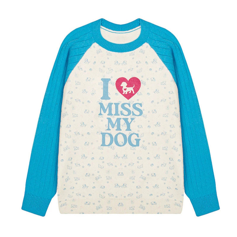 Damen Strickpullover mit Raglanärmeln, Allover-Hundemotiv und Statement-Print Drune