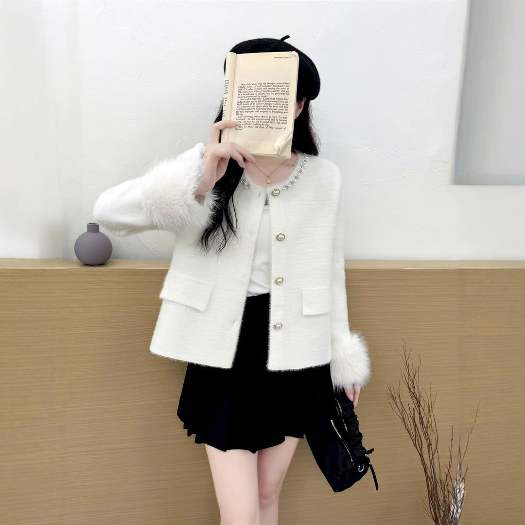 Damen elegante Strickjacke mit Perlenverzierung und flauschigen Ärmeln Drune