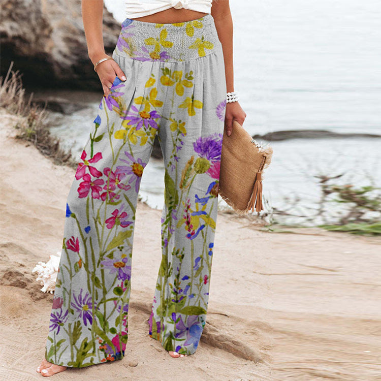 Damen Weite Sommerhose mit floralem Design und elastischem Bund Drune