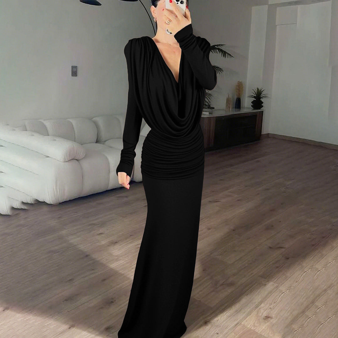 Damen elegantes langes Kleid mit raffiniertem Drapierungsdesign Drune