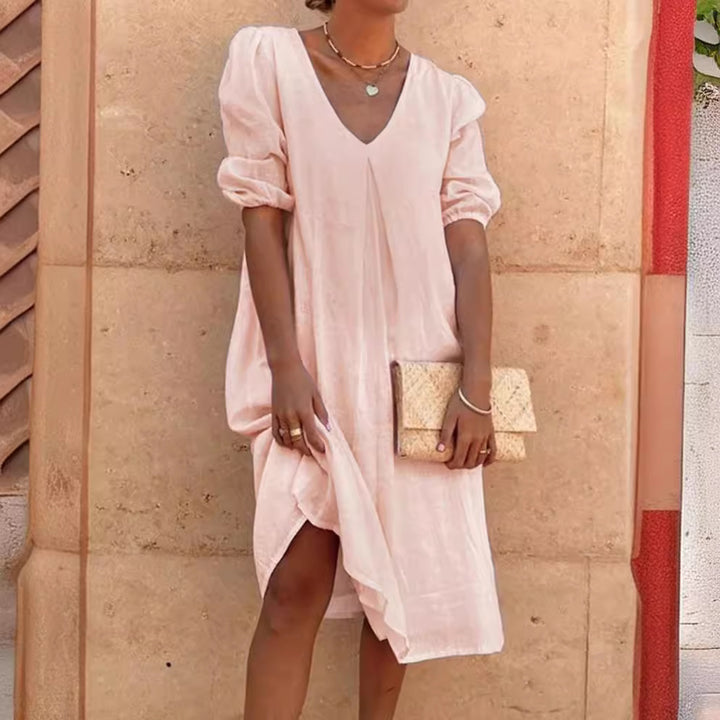 Damen lässiges Tunika-Kleid mit V-Ausschnitt und Ballonärmeln Drune