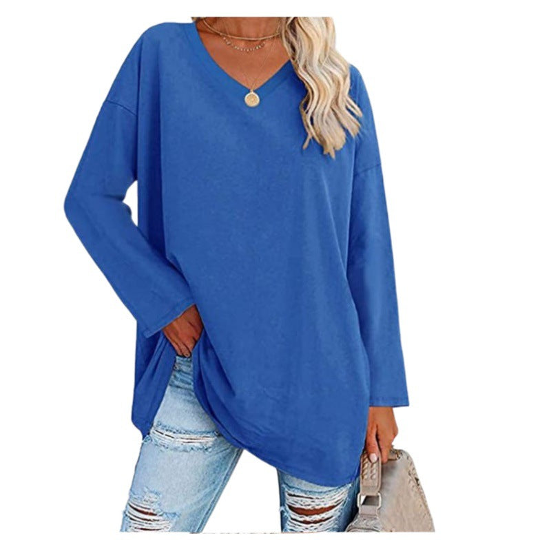 Damen Lässiges V-Ausschnitt Sweatshirt mit langen Ärmeln und asymmetrischem Saum Drune