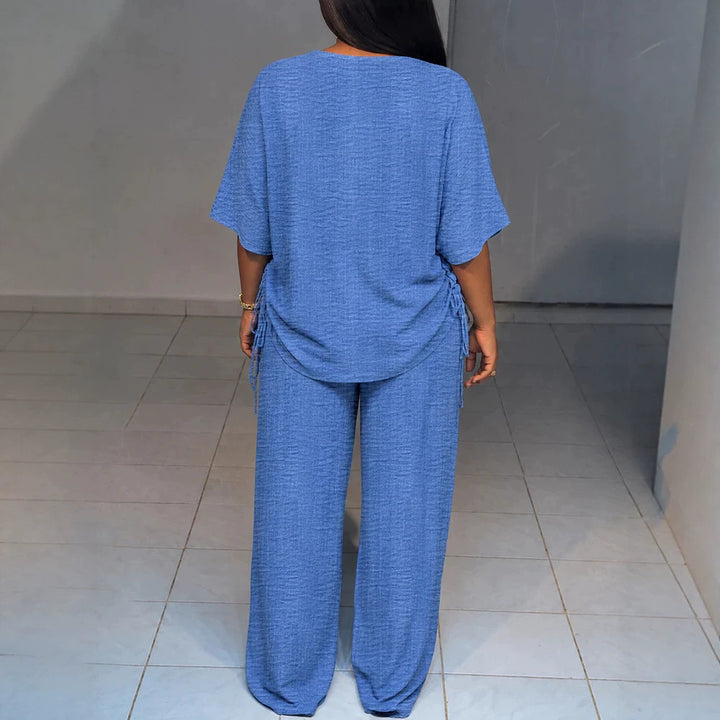 Damen Oversize-Lounge-Set mit V-Ausschnitt, seitlicher Raffung und weiter Palazzohose Drune
