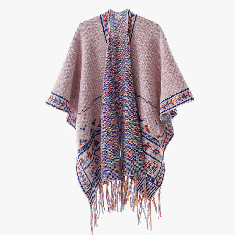 Damen Grobstrick-Poncho mit eingewebter Ethno‑Bordüre und Fransen Drune