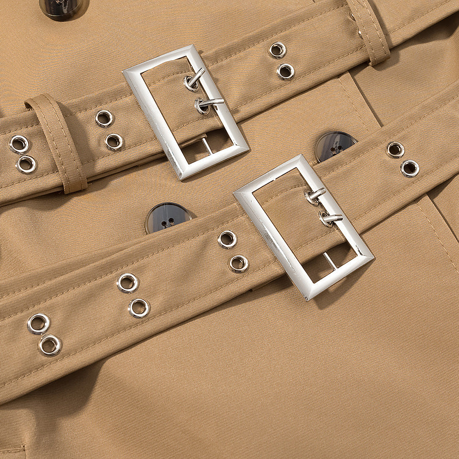Damen Langer doppelreihiger Trenchcoat mit tailliertem Doppelgürtel, Ballonärmeln und Epauletten Drune