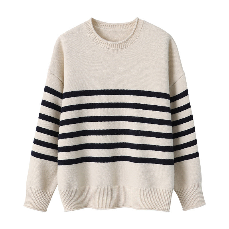Damen modischer gestreifter Pullover mit elegantem Rundhalsausschnitt und feiner Strickstruktur Drune