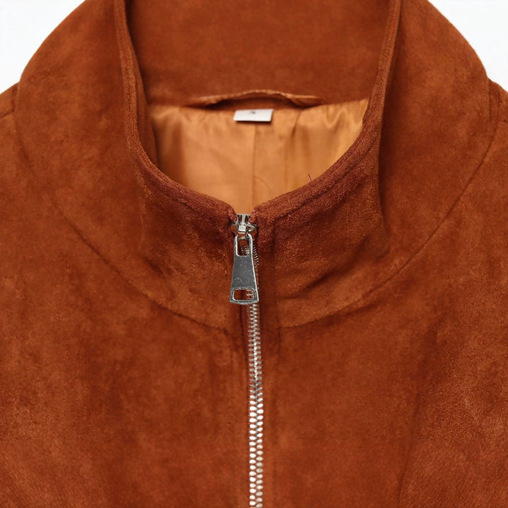 Damen Kurzgeschnittener Wildleder-Blouson mit Stehkragen und Reißverschluss Drune