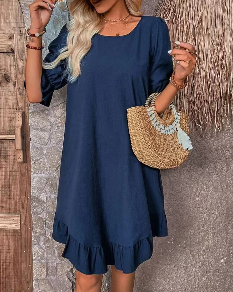 Damen nan luftiges A-Linien-Sommerkleid mit Volantbesatz und ellbogenlangen Ärmeln Drune