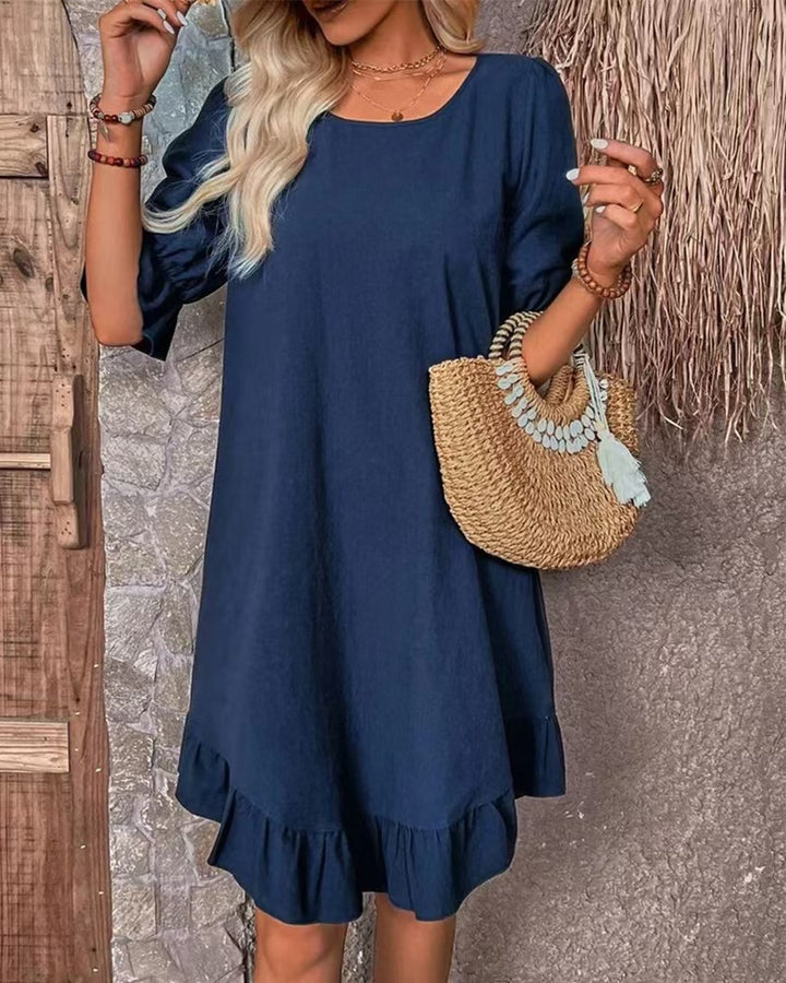 Damen nan luftiges A-Linien-Sommerkleid mit Volantbesatz und ellbogenlangen Ärmeln Drune