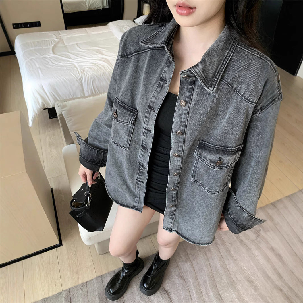 Damen Lässige Denim-Hemdjacke mit großen aufgesetzten Taschen Drune