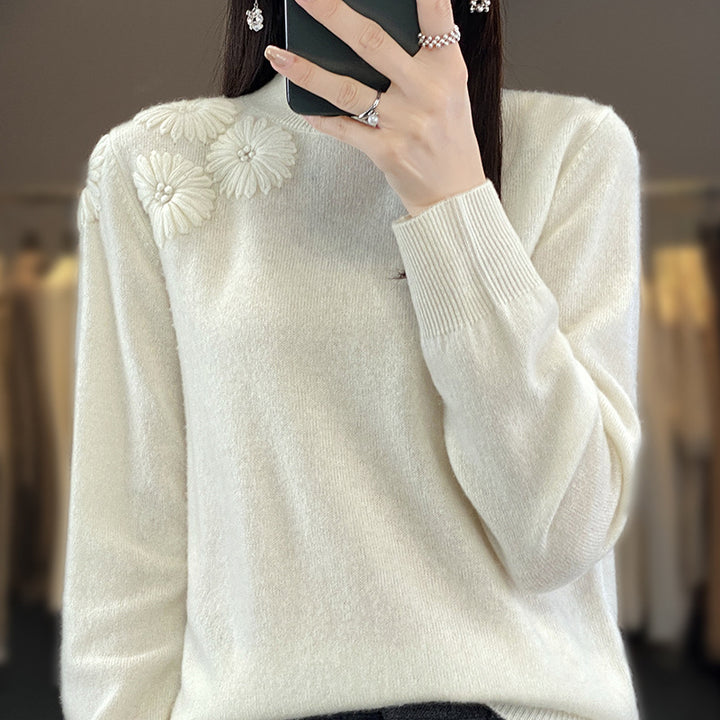 Damen Weicher Feinstrickpullover mit kurzem Stehkragen, 3D‑Blütenapplikation und gerippten Bündchen Drune
