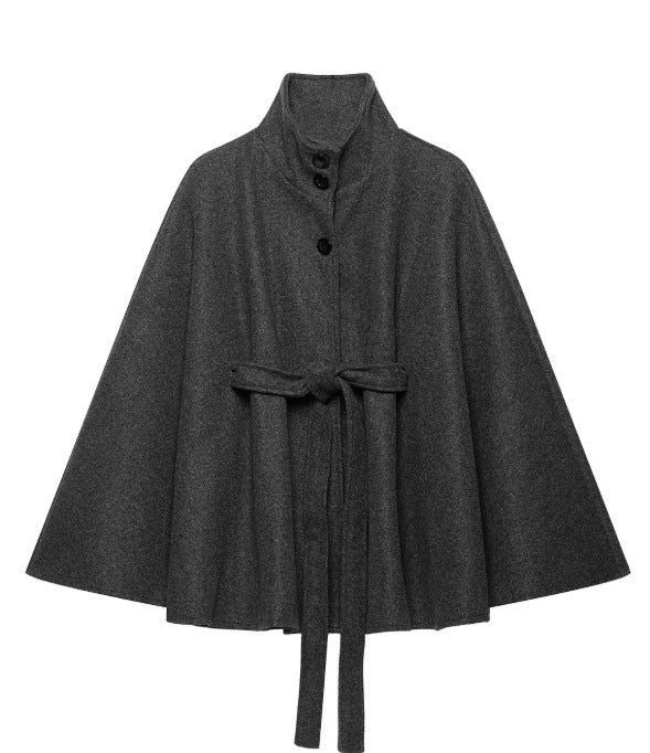 Damen Kurzcape aus Wollmix mit hohem Stehkragen und Bindegürtel Drune
