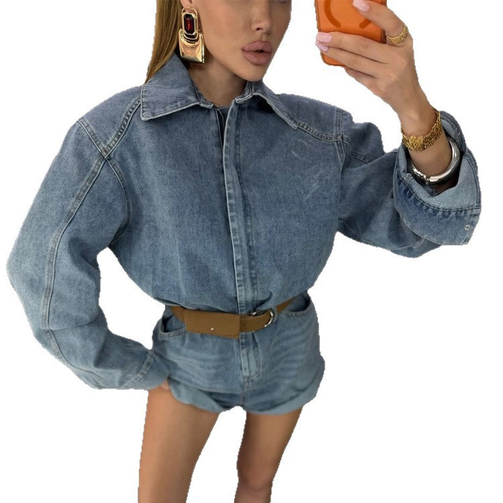 Damen Denim-Shorts-Overall mit kastigem Hemdoberteil und Taillengürtel Drune