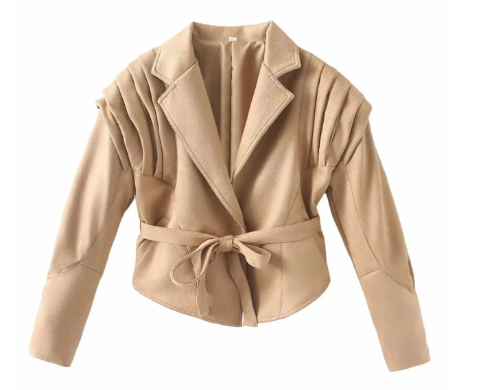 Damen 100+ kurze Wickeljacke mit Bindegürtel und Ösen‑Schnürdetail Drune