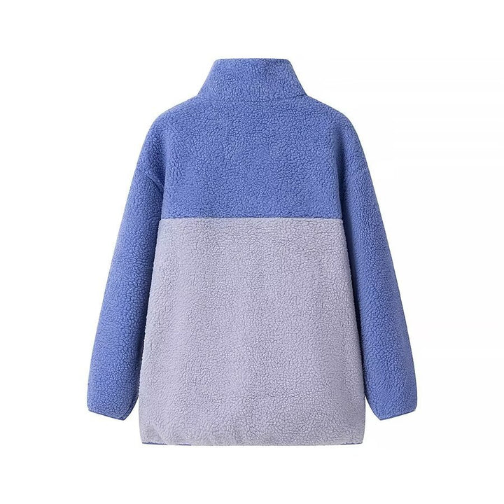 Damen Oversize Teddy-Fleecejacke mit Stehkragen, Reißverschlusstaschen und Nylon-Brusttasche Drune