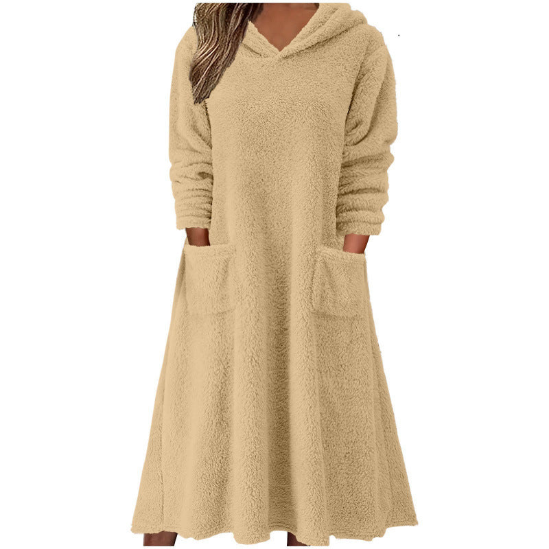 Damen Kuscheliger Fleece-Kleid mit Kapuze und praktischen Taschen Drune
