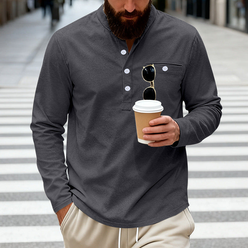 Herren nan lässiges Langarm-Henleyshirt aus Baumwollmischung mit Brusttasche Drune