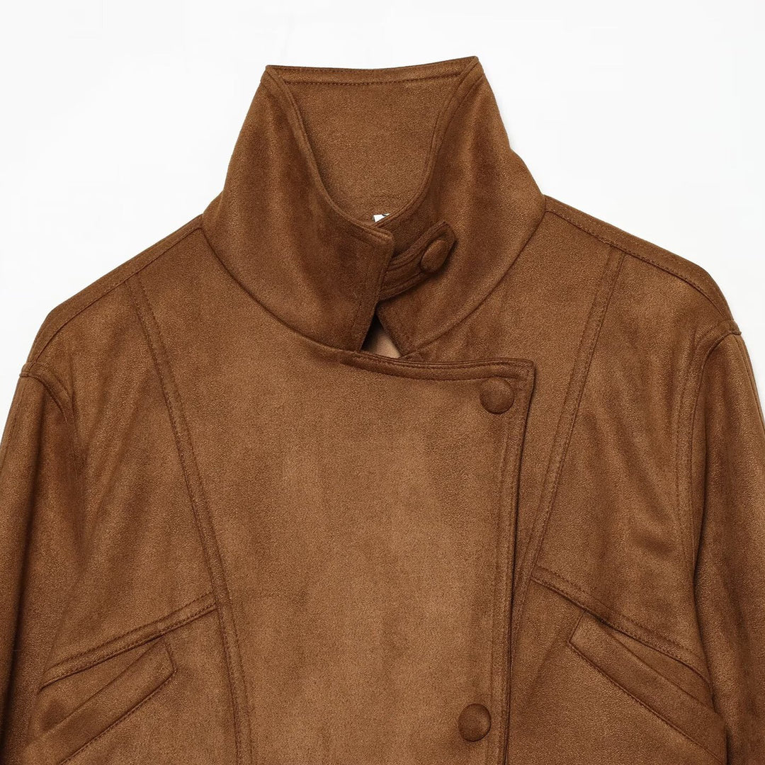 Damen Taillierte Kurzjacke aus weichem Veloursimitat mit asymmetrischer Knopfleiste und Bindegürtel Drune