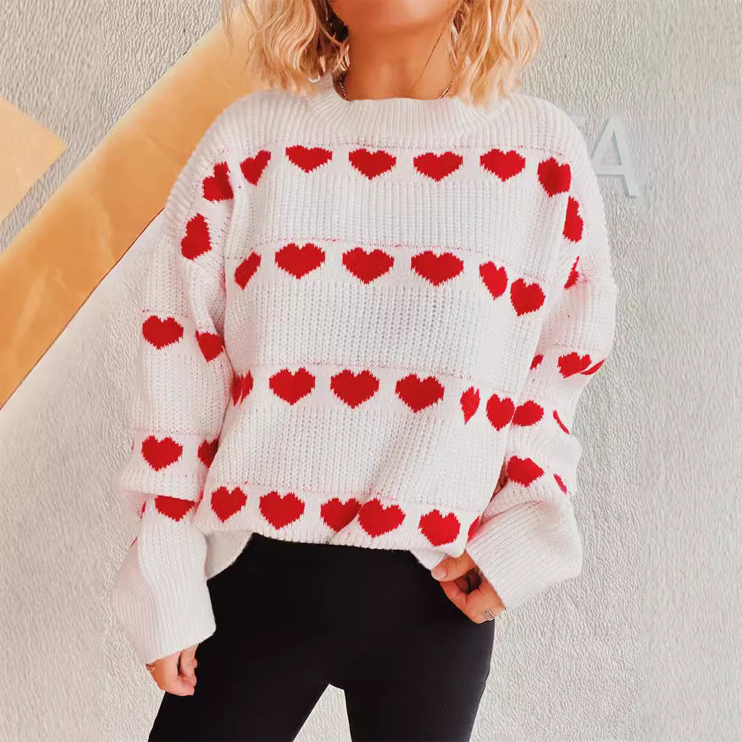 Damen gemütlicher Herzmuster-Strickpullover mit weiten Ärmeln Drune