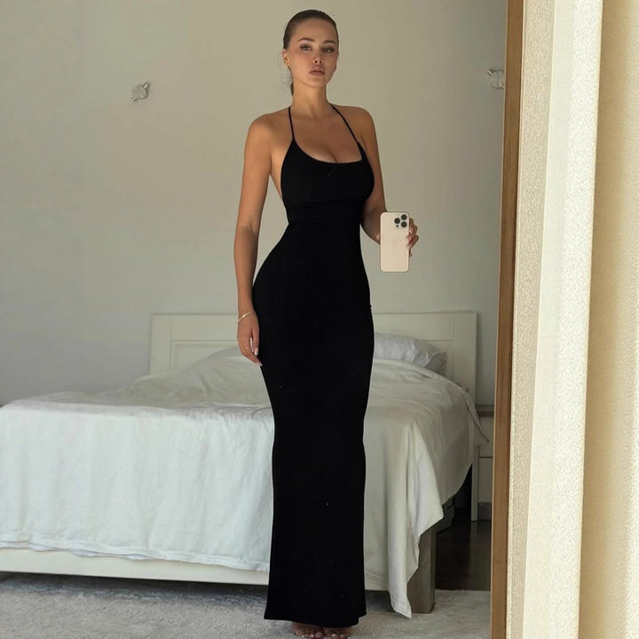 Damen elegantes Maxi-Kleid mit schmeichelndem Schnitt und raffiniertem Halterneck Drune
