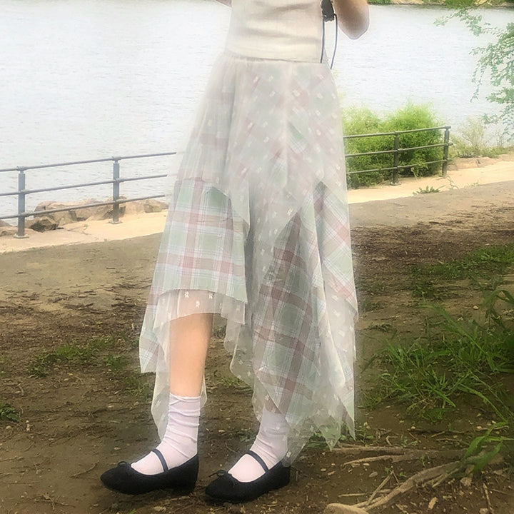 Damen asymmetrischer Lagenrock mit kariertem Unterrock und transparentem Tüll-Overlay Drune